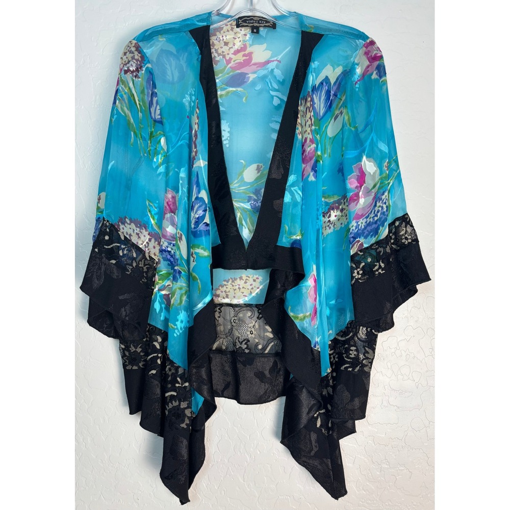 Violet Kay Silk Floral Kimono Cardigan Blue Black Lace Small‎ Fairy Goth 2274